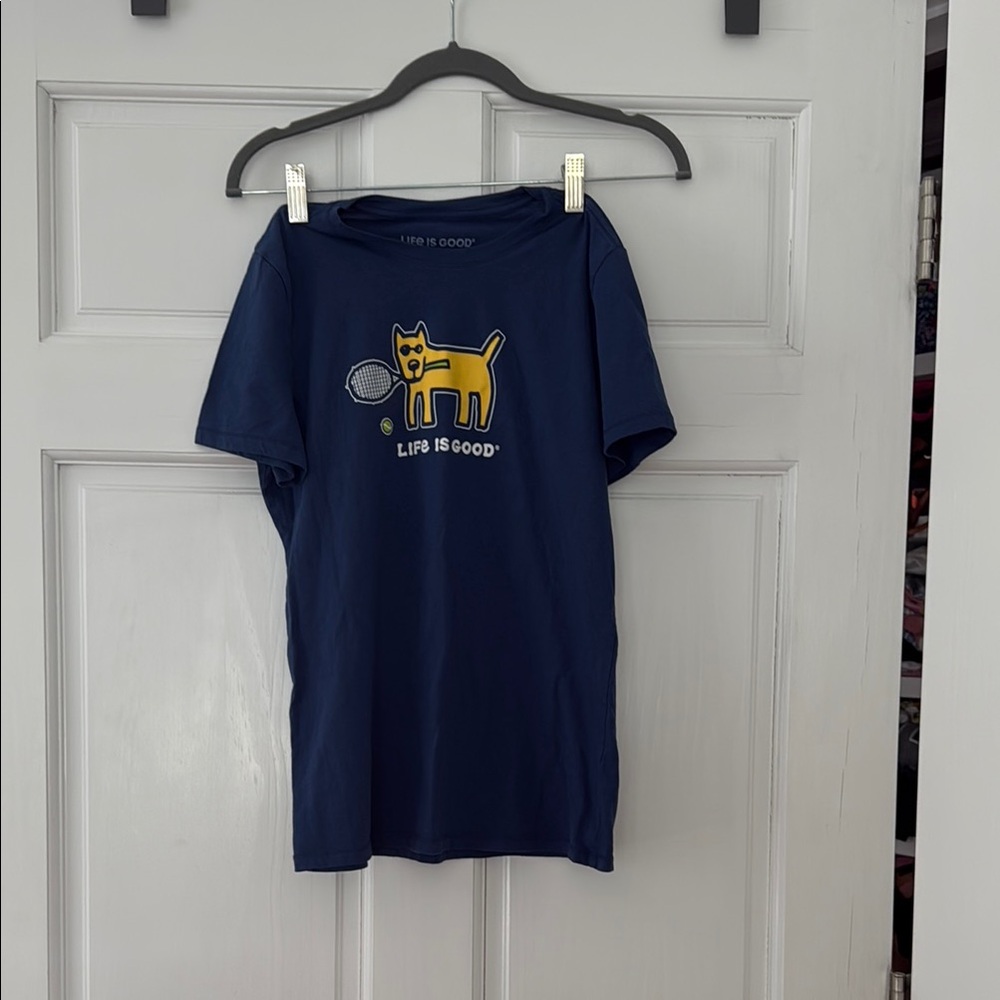 Life Is Good Blue Short Sleeve Tee with Dog Tennis Graphic Womens S